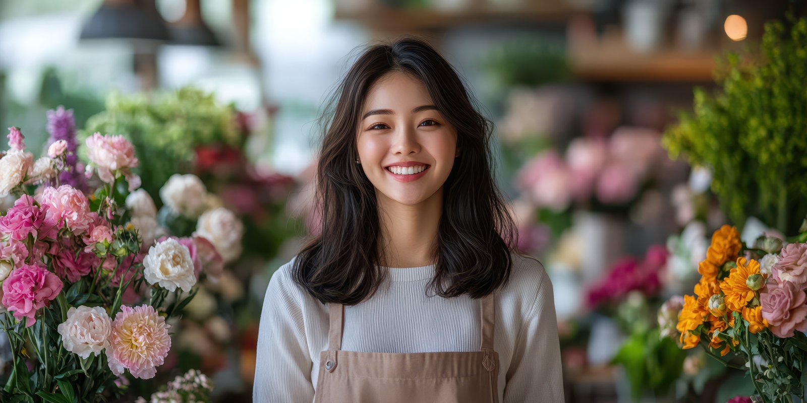 Smiling florist stands among vibrant flowers in a lively flower shop during daylight